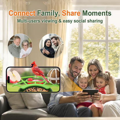Smart Bird Feeder with Camera – 2K Live View, AI Bird Recognition, Squirrel-Proof, Dual Solar Roof, 5dB Antenna, Instant Alerts for Nature & Wildlife Lovers, Green