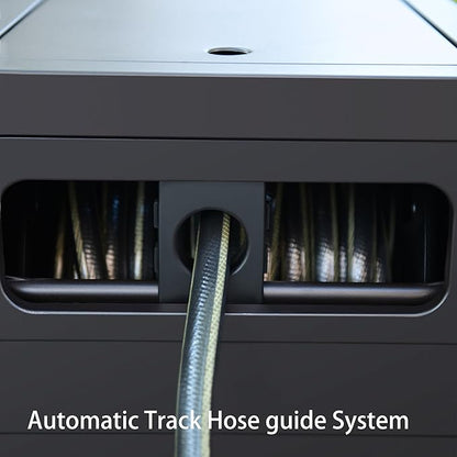 Metal Garden Hose Reel Deck box, Durable Steel Garden Hose Storage Box Cabinet, 150ft 5/8" Garden Hose Capacity. - Hose guide Manual Rewind, No-leak aluminum water connections