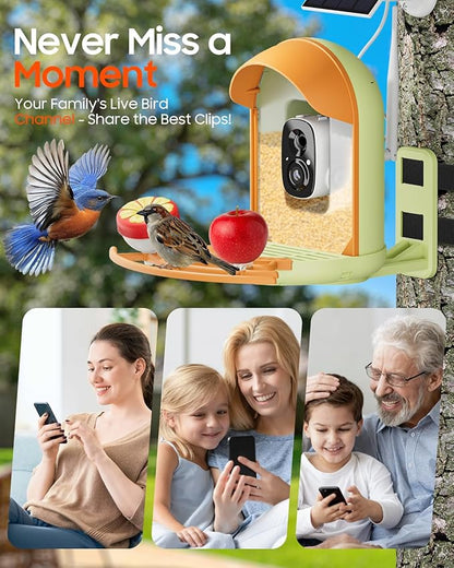 Camii Bird Feeder with Camera, Smart Birdfeeder with AI Identify Birds Species, 2K HD, Solar Powered, Night Vision, Real-Time Alert, IP66 Waterproof for Backyard Bird Watching Enthusiasts (Green)