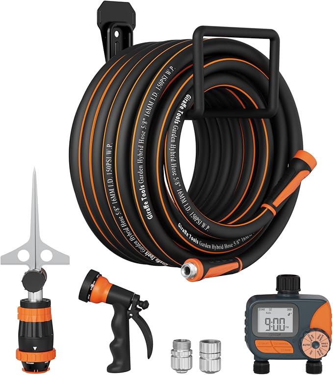 Giraffe Tools Garden Hose 100ft x 5/8", Water Hose Heavy Duty, Flexible with Watering Timer Nozzle and Yard Sprinkler, Lightweight Hybrid Hose with Swivel Handle, Male to Female Fittings