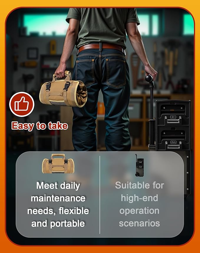 QcoQce Heavy Duty Oxford Tool Roll, Waterproof Durable Tool Bag with 6 Pockets, Tool Organizer for Garage, Vehicle Maintenance, Home Repairs, Portable Roll Up Tool Bag Gift for Men