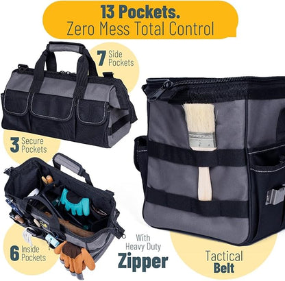 Garden Tool Bag Organizer – 13 Pocket Heavy-Duty Gardening Tote with 7 Outer & 6 Inner Compartments, Anti-Slip Base, Adjustable Shoulder Strap & Belt – Garden Organizers and Storage (Grey)