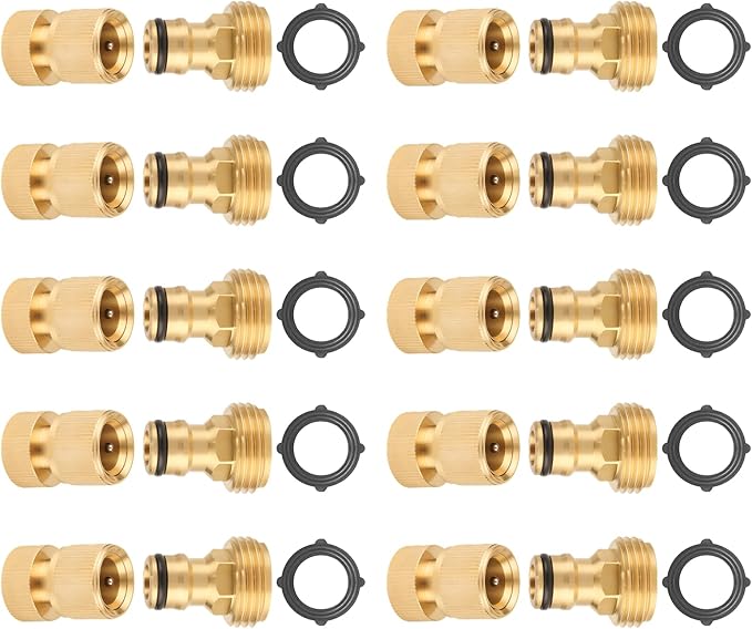 Garden Hose Quick Connector, 3/4 Inch GHT Thread Quick Connect Kit, Solid Brass Water Hose Fittings with Female Adapter and Male Adapter(10pcs)