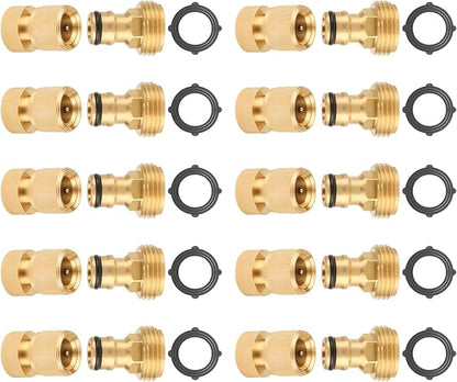 Garden Hose Quick Connector, 3/4 Inch GHT Thread Quick Connect Kit, Solid Brass Water Hose Fittings with Female Adapter and Male Adapter(10pcs)