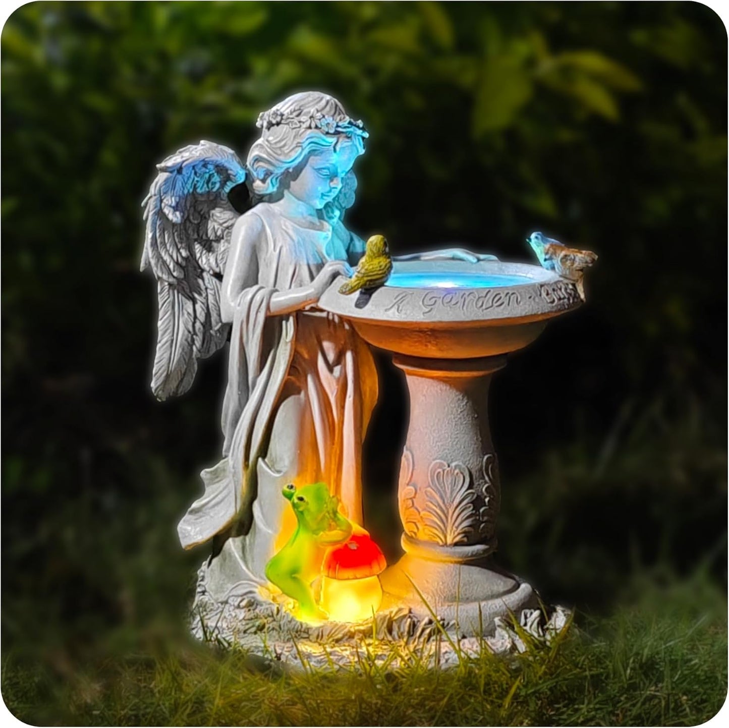 Solar Angel Garden Sculpture with Color - Changing Lights,Resin Garden Outdoor Decorations Figurine with Birds,Frog & Mushroom for Home,Yard,Patio,Balcony,Lawn - Unique Housewarming Gifts