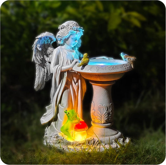 Solar Angel Garden Sculpture with Color - Changing Lights,Resin Garden Outdoor Decorations Figurine with Birds,Frog & Mushroom for Home,Yard,Patio,Balcony,Lawn - Unique Housewarming Gifts