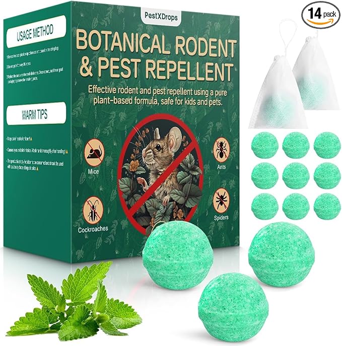 Rodent Mouse Repellent 14 Pieces, Peppermint Oil Moth Balls for Mice Rats Deterrent, Natural Pest Control Pouches for Chipmunks, Squirrels, Safe for Humans & Pets, Skunks, Indoor and Outdoor Use