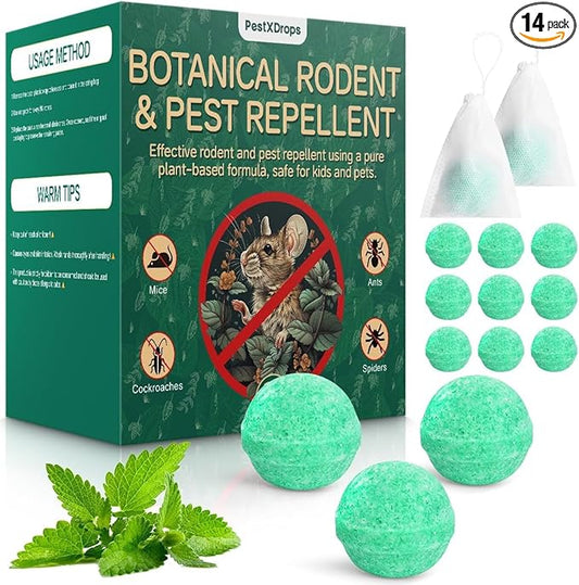 Rodent Mouse Repellent 14 Pieces, Peppermint Oil Moth Balls for Mice Rats Deterrent, Natural Pest Control Pouches for Chipmunks, Squirrels, Safe for Humans & Pets, Skunks, Indoor and Outdoor Use