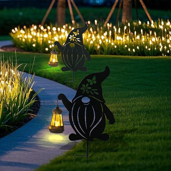 Afirst Solar Outdoor Garden Stake Solar Gnome Decorative Stake Light with Lantern Halloween Decorative Metal Outdoor Ornament for Yard Pathway Lawn Patio