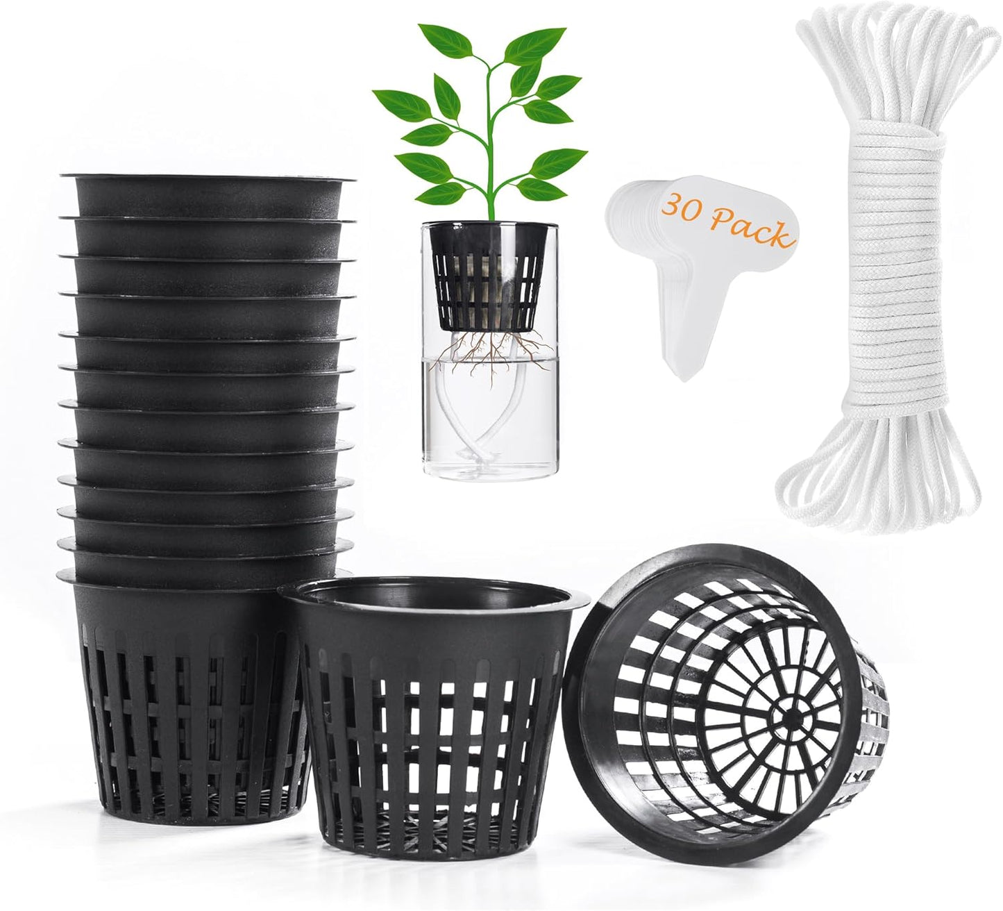 ORIMERC 30 Pack 3 inch Net Cup Pots with 30 feet Hydroponic Self Watering Wick & 30 Plant Labels Aquaponics Mason Jar Bucket Insert Orchid kratky Vegetable Gardening Growing Netted Basket Slotted Mesh