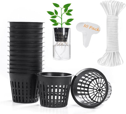ORIMERC 30 Pack 3 inch Net Cup Pots with 30 feet Hydroponic Self Watering Wick & 30 Plant Labels Aquaponics Mason Jar Bucket Insert Orchid kratky Vegetable Gardening Growing Netted Basket Slotted Mesh