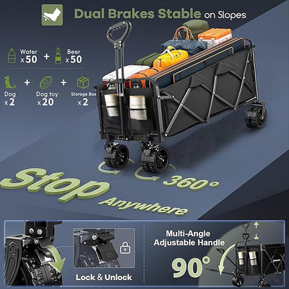 350L Large Capacity Foldable Wagon with Brakes, 560lbs Heavy Duty Collapsible Wagon Cart with Push Handle All-Terrain Big Wheels for Camping, Sports, Shopping, Beach