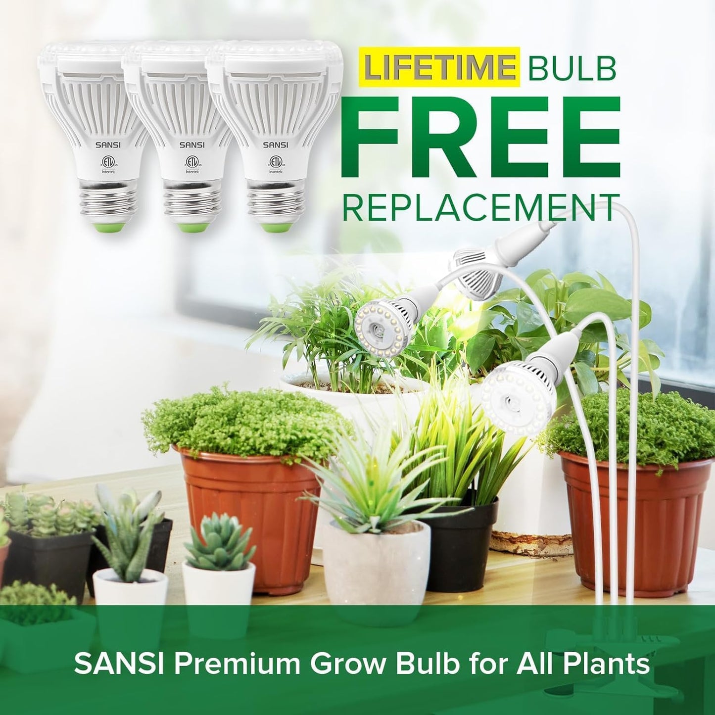 SANSI LED Grow Lights for Indoor Plants, 450W Full Spectrum Clip-on Gooseneck Grow Light with Ceramic Tech.,30W Power Plant Light with Optical Lens for High PPFD, Lifetime Free Bulbs Replacement White