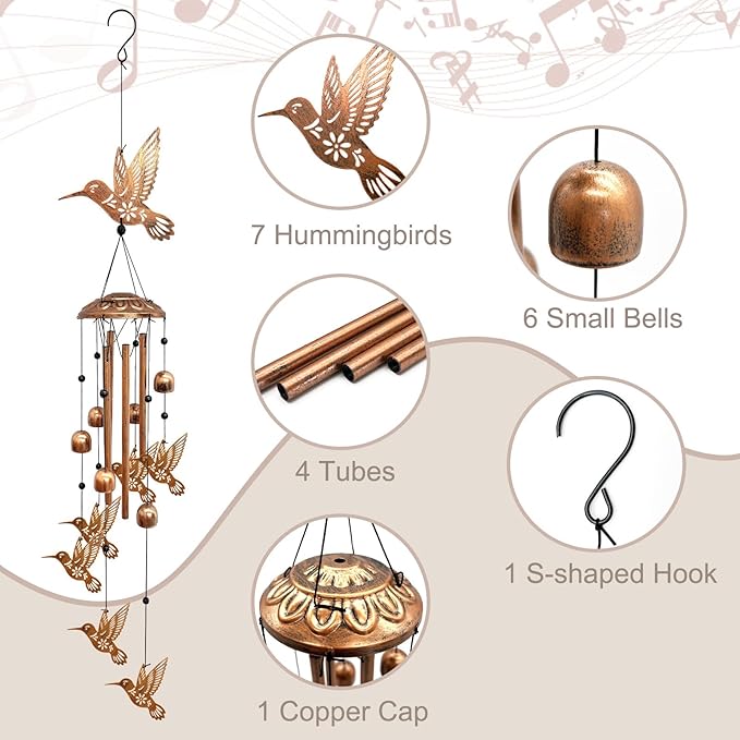 Hummingbird Wind Chimes for Outside, Metal Windchimes Outdoors Hummingbird Gifts for Women Memorial Sympathy Wind Chimes for Patio Garden Yard