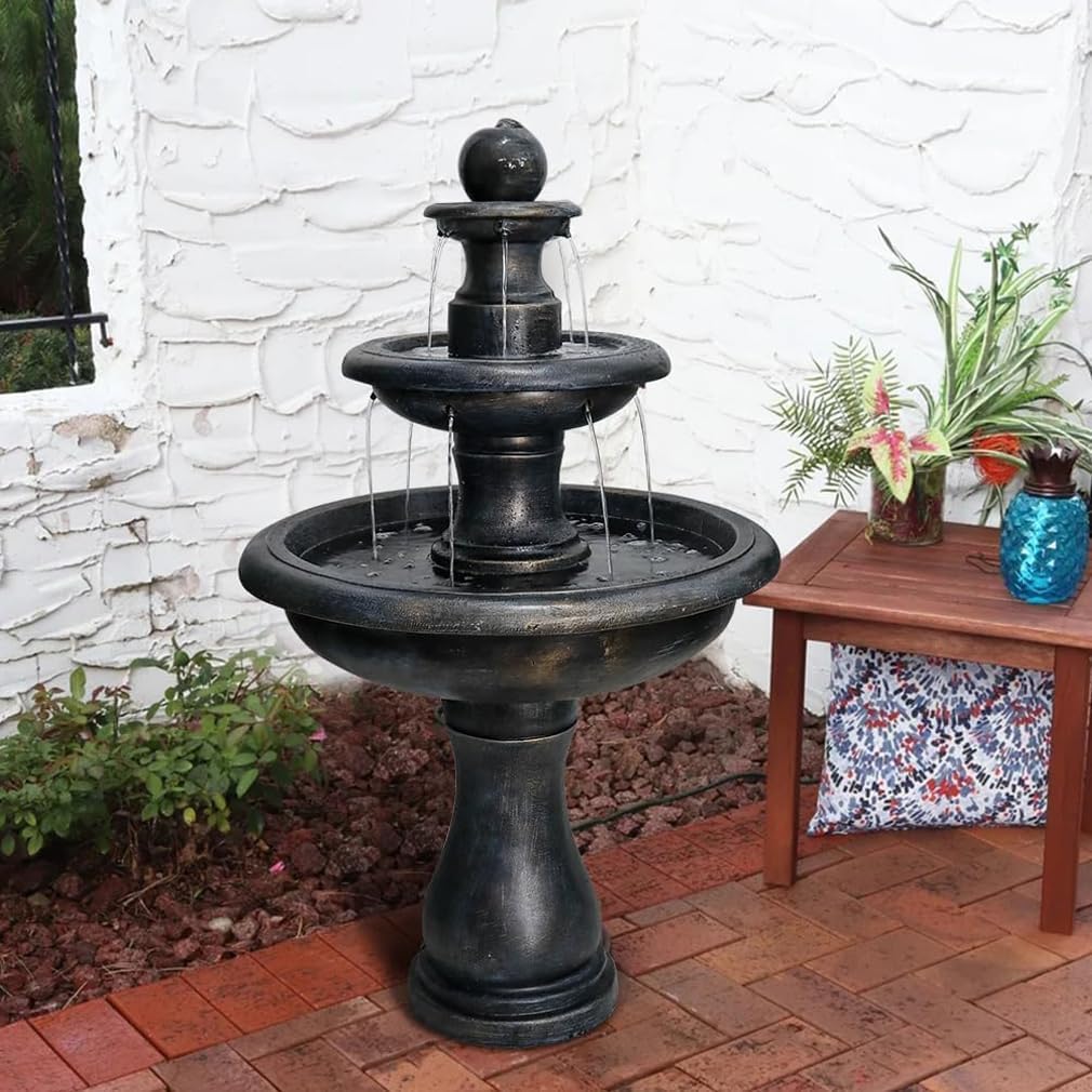 45.2“ High Outdoor Water Fountain, Concrete Outdoor Waterfall Fountain with Pump for Yard Garden Patio Backyard Deck Relaxation Decor - Black