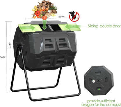SQUEEZE master Large Compost Tumbler Bin - Outdoor Garden Rotating with Thermometer -Automatic Temperature Measurement-Sturdy Steel Frame - 43Gallon (2-21.5Gal)- Green Door
