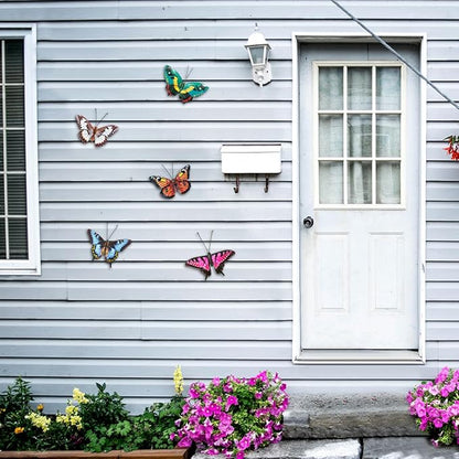 Metal Butterfly Wall Decor - 5 Pack Lifelike Butterflies Wall Art Sculpture Hanging Decorations for Indoor or Outdoor, Yard Patio Fence Garden Decoration