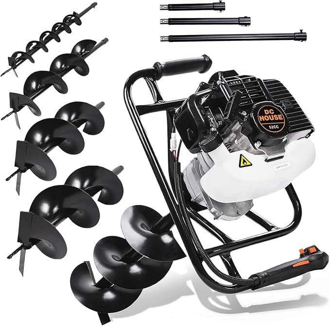 DC HOUSE 52cc 1800W Gas Powered Earth Auger EPA Certified Post Hole Digger, with 4 Drill Bits 4" 6" 8" 12" and 3 Extension Rods 8" 12" 20", Mixing Ratio 30:1, for Fence, Farmland and Garden