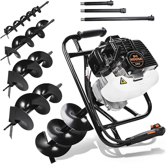 DC HOUSE 52cc 1800W Gas Powered Earth Auger EPA Certified Post Hole Digger, with 4 Drill Bits 4" 6" 8" 12" and 3 Extension Rods 8" 12" 20", Mixing Ratio 30:1, for Fence, Farmland and Garden