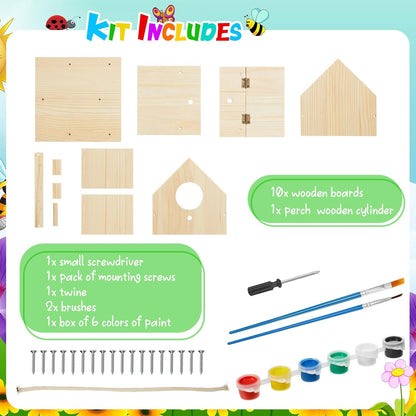 Liliful 12 Sets Wooden DIY Birdhouse Kit Unfinished Bird Houses with Paints and Paintbrushes Bird Feeder Craft Arts for Boy or Girl Classroom Activity and Christmas Kids Wooden Craft Gifts