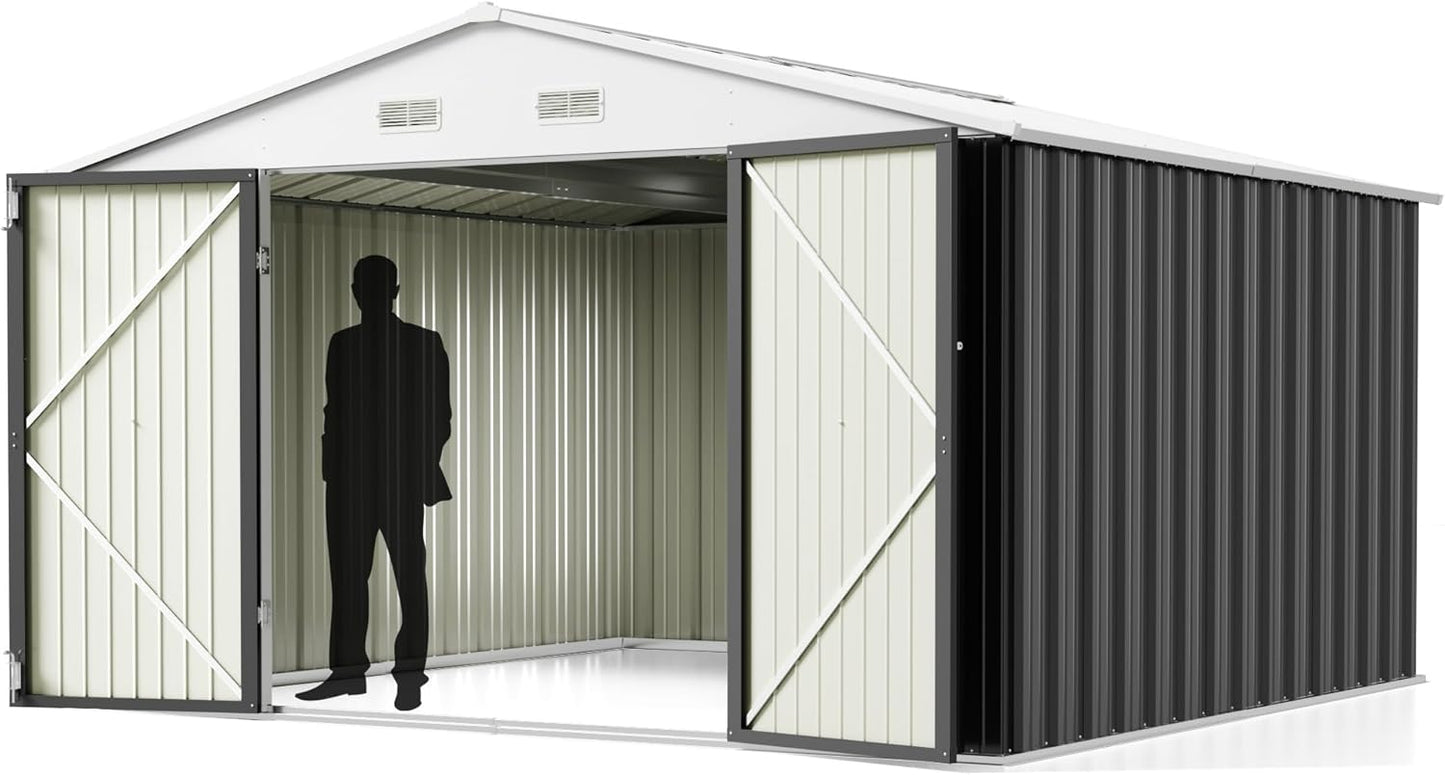 Greesum 10x10FT Outdoor Storage Shed, Utility Tool Shed Metal Storage Garden Shed with Door & Lock for Patio Storage, Gray