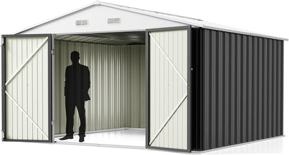 Greesum 10x10FT Outdoor Storage Shed, Utility Tool Shed Metal Storage Garden Shed with Door & Lock for Patio Storage, Gray