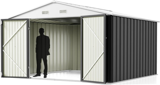 Greesum 10x10FT Outdoor Storage Shed, Utility Tool Shed Metal Storage Garden Shed with Door & Lock for Patio Storage, Gray