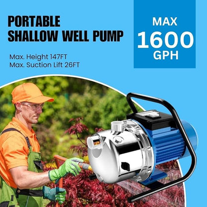 FOTING 1.6HP Shallow Well Pump, 1600GPH Jet Pumps Garden Pump 147FT, Portable 115V Water Transfer Household Draining Irrigation Pumps Stainless Steel for Garden Lawn Farm