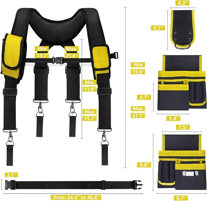 Tool Belt With Suspenders, 24 Pockets Tool Bag with Magnetic Wristband, Detachable Tool Pouch Bag, Adjustable Waists for Men Electrician Carpenter Construction (Yellow)