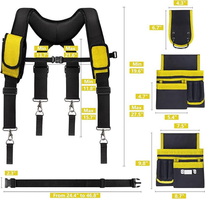 Tool Belt With Suspenders, 24 Pockets Tool Bag with Magnetic Wristband, Detachable Tool Pouch Bag, Adjustable Waists for Men Electrician Carpenter Construction (Yellow)