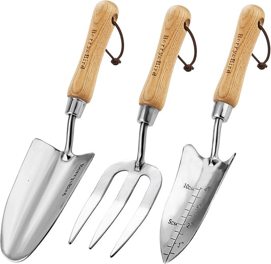 Berry&Bird Garden Tool Set- 3PCS Stainless Steel Gardening Tool Sets with Wooden Handle Trowel Weeding Fork & Digging Shovel Hand Tool Kit for Planting, Ideal Gardening Gift for Women & Men