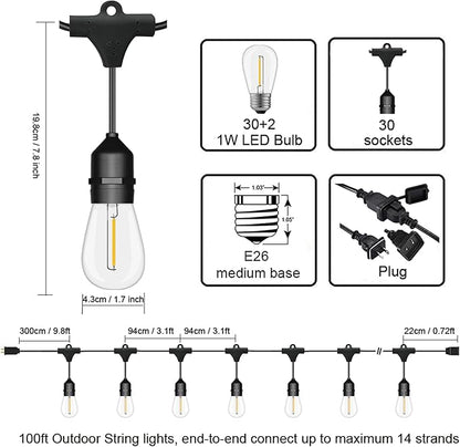 Outdoor String Lights LED 100FT Commercial Grade Heavy Duty Light String Lights with 30 Sockets 32 Shatterproof Plastic Bulbs Include 2 Spare S14 Dimmable Edison Bulbs Patio Market Cafe Light