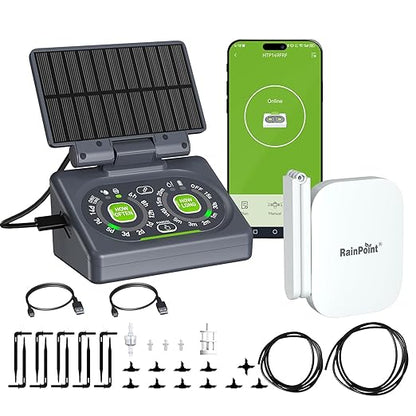 RAINPOINT Smart Automatic Watering System for 15 Potted Plants,Dual Powered, Local Control & Remote WiFi/App Control, Solar Drip Irrigation Kit for Indoor Houseplants,Low Water Auto-Shutoff