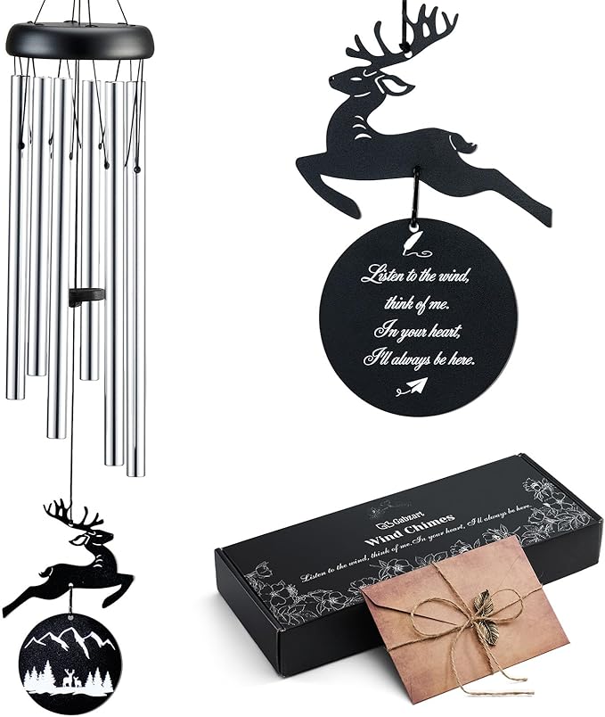 Wind Chimes for Outside, 32" Memorial Wind Chimes for Loss of Loved One Mother Father, Memorial Sympathy Gift Outdoor Garden Patio Decor, Deer Xmas Decorations (Silver)