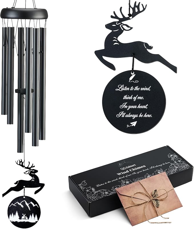 Wind Chimes for Outside, 32" Memorial Wind Chimes for Loss of Loved One Mother Father, Memorial Sympathy Gift Outdoor Garden Patio Decor, Deer Xmas Decorations (Black)