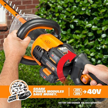WORX WG284.9 26" 40V Cordless Hedge Trimmer, Electric Hedge Trimmer with Dual-Action Blades, Brushless Bush Trimmer with 180° Rotating Handle, 2 Batteries & Charger Not Included