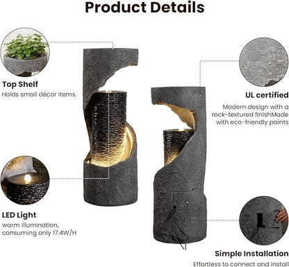 35.4" H Indoor Water Fountain Water Feature Outdoor for Garden, Patio, Deck Decorations, Yard, Porch, Office with Lights Spiral Water Fall Fountains Outside Home Art Decor