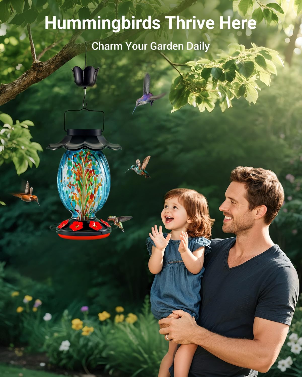 Solar Hummingbird Feeder - 49 fl.oz Hand Blown Glass Color Changing - 7 Feeding Ports with Perch - Never Leak - Perfect Hummingbird Feeder for Outdoors Hanging (Blue)