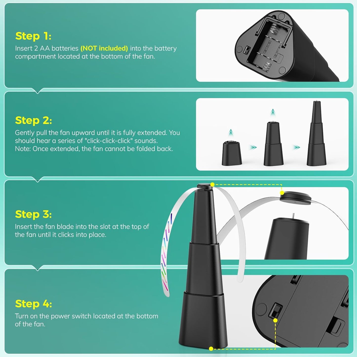 Grete Gotye Portable Battery Powered Fly Fans for Tables Up to 15 Hours Working Time, 4-Pack Indoor Outdoor Mute Food Fan with Hook, Tabletop Fan for Home Restaurant Party Picnic Patio BBQ, Black