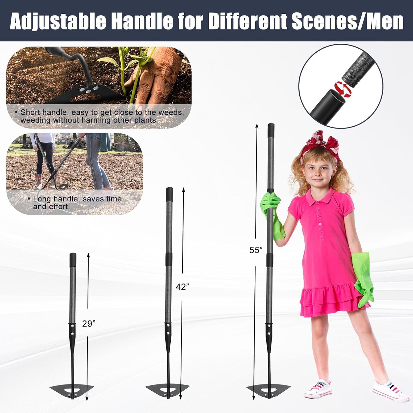 Hoe Garden Tool, Hollow Hoe with 55 Inch Long Handle, Adjustable Manual Weeder Heavy Duty Garden Hoe for Weeding, Digging, Hoeing, Cutting and Loosing Soil