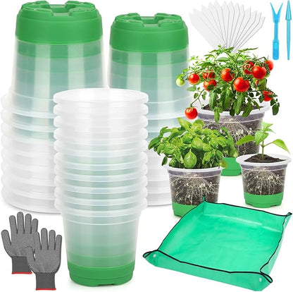 Caffox 51PCS Reusable Seed Starter Kit Includes 26 Packs 3 Sizes Clear Nursery Pots with Silicone Base, Repotting Mat, Gardening Gloves, Plant Labels and Seedling Tools for Easy Transplant