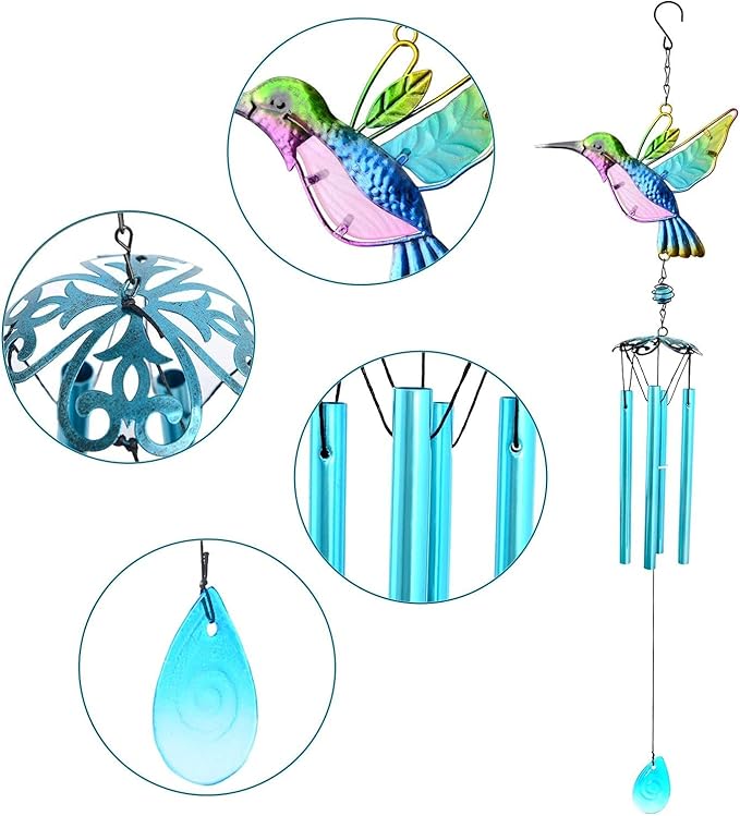 Hummingbird Wind Chimes, Wind Chimes for Outdoor, 26" Glass Painted Mobile Romantic Chimes, Patio, Balcony, Garden Decoration, Lifelike Hummingbird Deep Tone Style, Gifts for Mom