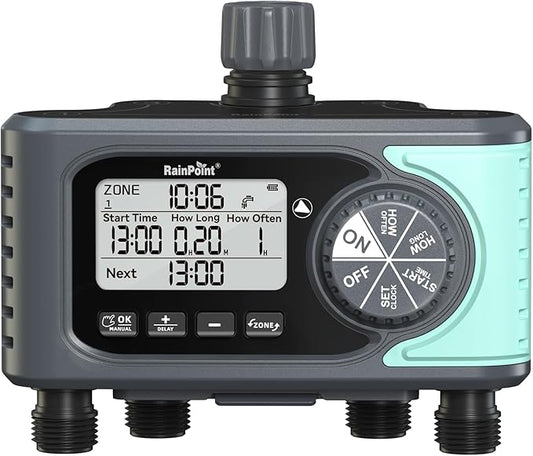 RAINPOINT Sprinkler Timer, 4 Outlets Hose Timers, 4 Zone Water Timer for Watering with Rain Delay/Manual/Automatic Timed Irrigation Controller System for Lawn