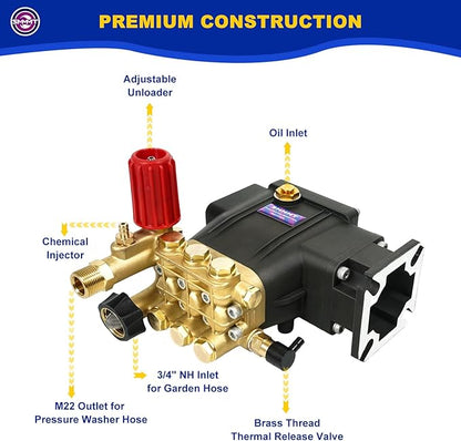 Pressure Washer Pump, 3/4" Shaft Horizontal Triplex Plunger, 3300 PSI, 3GPM, Replacement Power Washer Pumps Kit with 5 Nozzles