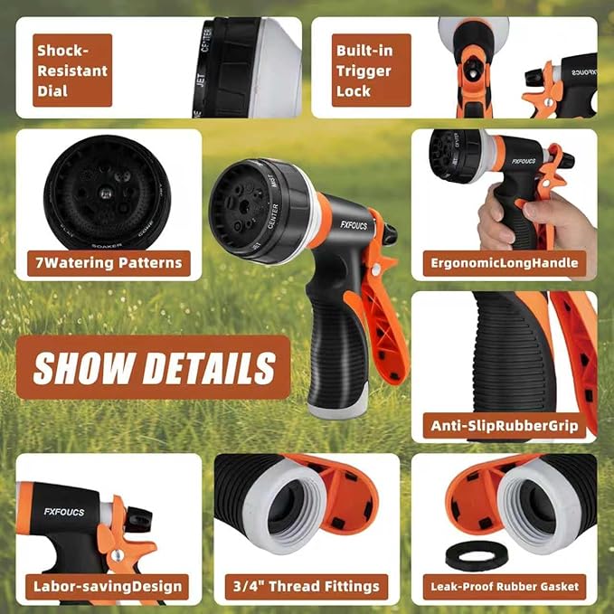 Garden Hose Nozzle Sprayer– this high heavy-duty spray nozzle offer 8 watering patterns for watering plants, lawns & gardens, washing cars, household cleaning and showering pets. (Dark Orange)