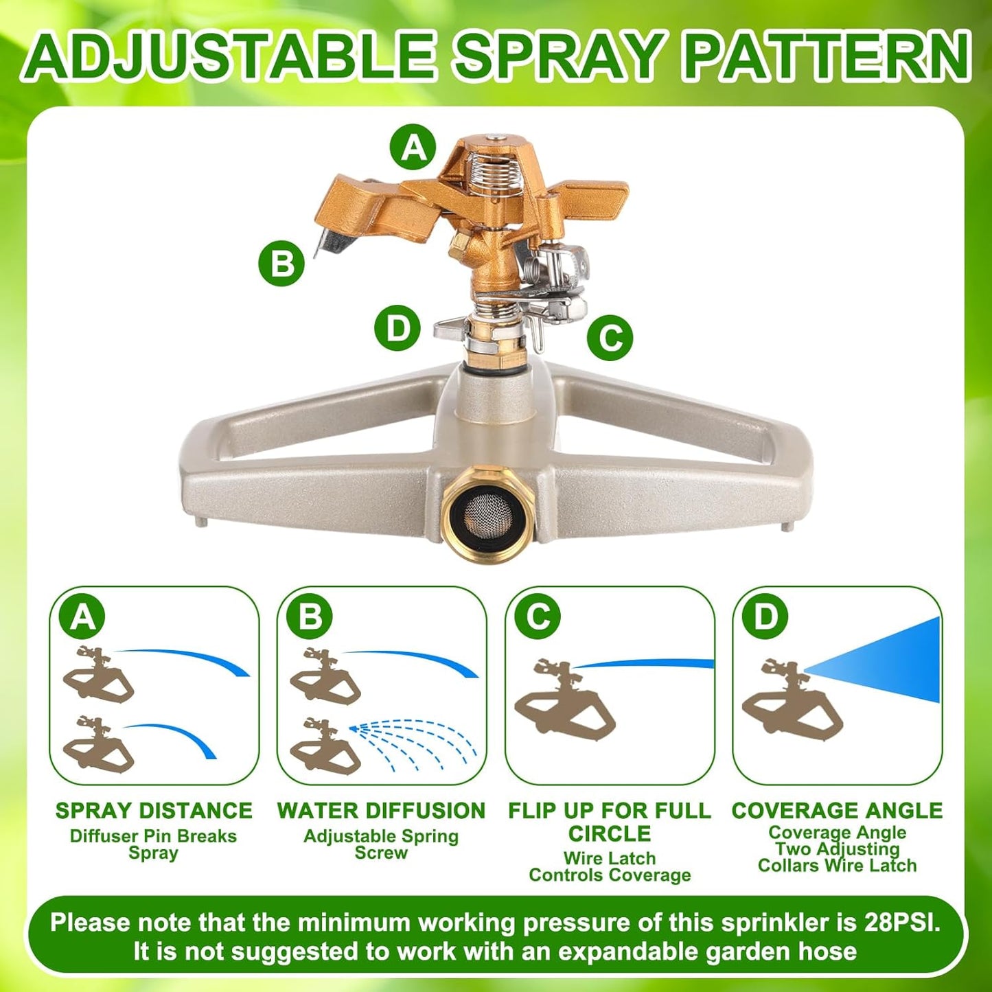 3 Sets Sprinklers for Yard Pulsating Impact Sprinkler with Metal Base Heavy Duty Adjustable Hose for Lawn Large Area Garden (Silver)