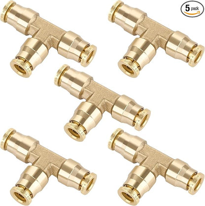 1/4" Quick Push to Connect Fittings Brass Union Tee Shaped Joint DOT Approved 1/4 Inch OD 3 Way Tube Air Line Adapter Air Spring Suspension Kit for Car Truck Trailers and Air Brake System 5pcs