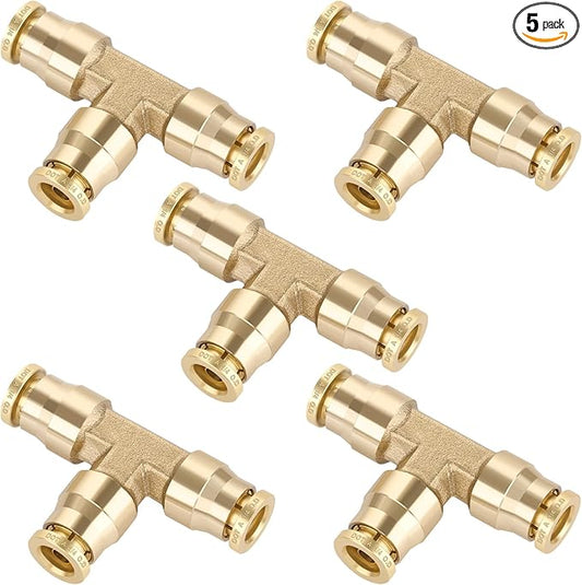1/4" Quick Push to Connect Fittings Brass Union Tee Shaped Joint DOT Approved 1/4 Inch OD 3 Way Tube Air Line Adapter Air Spring Suspension Kit for Car Truck Trailers and Air Brake System 5pcs