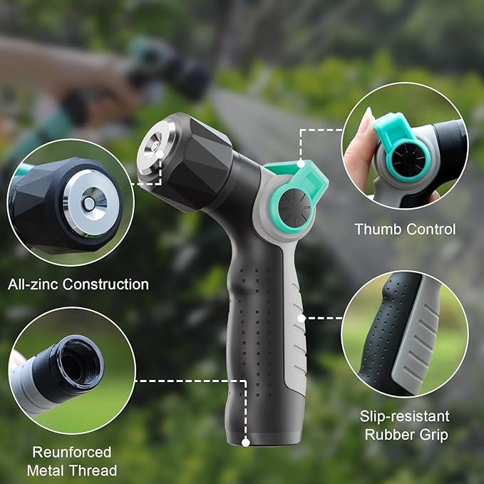 Garden Hose Nozzle Sprayer, Heavy Duty 100% Metal High Pressure Hose Nozzle with 4 Spray Patterns, Thumb Control Valve for Lawn & Plant Watering, Washing Cars, Pets Showering