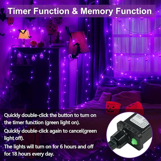 Upgraded Connectable 200 LED Halloween String Lights Outdoor Indoor, 66FT Purple Halloween Decorations Lights 13 Modes, Waterproof Twinkle Fairy Lights Plug in Clear Wire for Tree, Bedroom Decoration